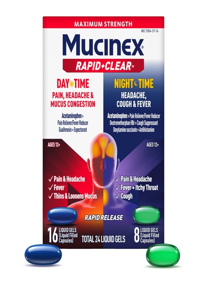 Mucinex Rapid Clear Maximum Strength Day & Night Cold and Flu Medicine for Adults, Over-The-Counter Medication for Headache Relief, Mucus Congestion, & Cough, Rapid Release Liquid Gels, 24 Count - Image 1